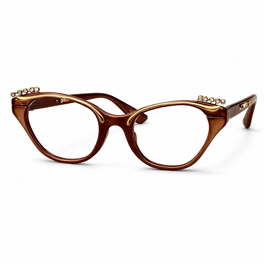 Vintage Tura Rhinestone Cat Eye Eyeglass Frames Only Brown Gold Retro‎ Glasses